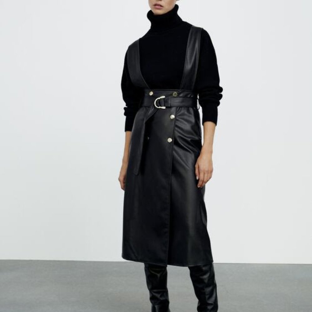 Zara Faux Leather Pinafore Skirt - Black - Size M